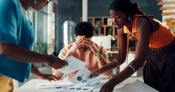 Business people, stress and overwhelmed in office with paperwork, meeting and proposal in agency. Chaos, deadline and graphs with multitasking, document and burnout with discussion and busy staff