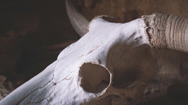 A detailed close-up shot of a weathered animal skull with large, textured horns, likely a bovine or steer, resting in a dimly lit, natural setting. The bleached white bone shows intricate cracks and n
