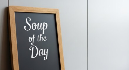 Soup of the day written on chalkboard menu in restaurant setting  