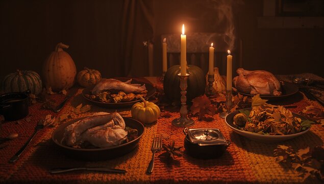 Cozy Autumn Thanksgiving Table with Warm Candlelight and Seasonal Food	
