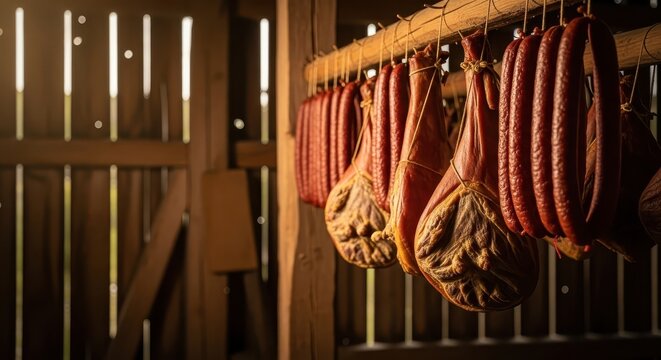 Smoked meat hanging in wooden barn with rustic background  