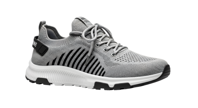 A Stylish Gray Knitted Sneaker with Black Stripes and White Sole, Comfortable and Versatile Footwear for Everyday Activities and Casual Outings