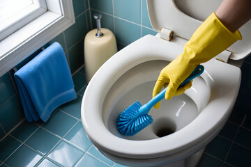 Cleaning a toilet with a brush. Hygiene and cleaning product advertisement.