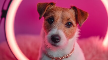 Cute dog posing with a golden chain in a colorful neon room