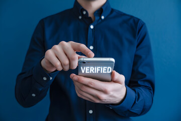 Hands hold a smartphone displaying "VERIFIED" against a solid blue background, emphasizing technology and security.
