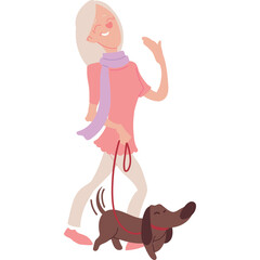 Joyful woman with blonde hair wearing a pink tunic and purple scarf walks a brown dachshund on a red leash on a transparent background