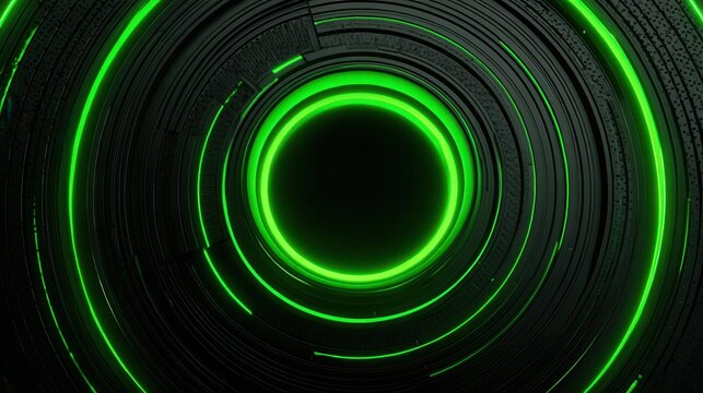 Neon green rings radiate from a central point against a dark, textured background, giving a technological and futuristic feel