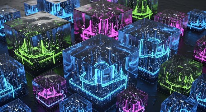 A futuristic cityscape with holographic buildings in vibrant neon colors, set against a night sky, representing advanced technology and digital landscapes - Powered by Adobe