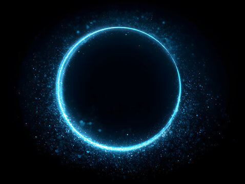 Deep blue light circle with smooth glowing edges and fine particle halos creating a clean frame. Blue glowing circle. Light frame on black background - Powered by Adobe