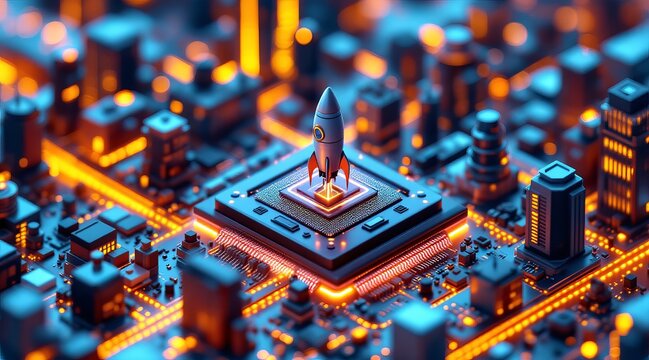 A futuristic rocket stands on a microchip in a glowing city, symbolizing technological advancement and the dawn of a new era of innovation