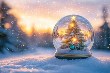 Fototapeta premium Glowing miniature evergreen tree inside a glass sphere rests upon fresh snow during twilight