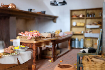 dining room table Presents a rustic kitchen with food on a table. Full-frame composition,...
