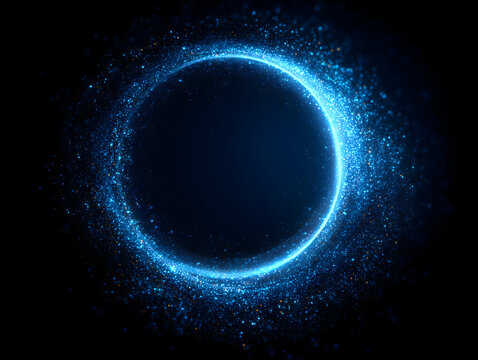 Radiant blue particle corona forming a bright circular glow with soft sparkling dust around it. Futuristic or technology-themed design. Magical circle portal