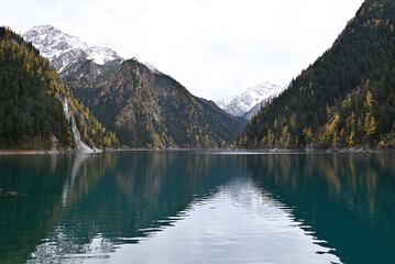 view of mountain and lake in cloudy in national park of China