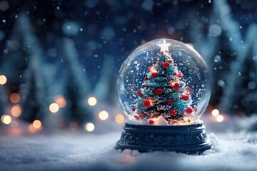 Illuminated decorative sphere contains a miniature festive evergreen tree amidst falling snow outdoors