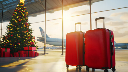 Travel suitcases near a decorated Christmas tree in an airport terminal against the backdrop of an airplane on the runway - a concept for a New Year's vacation