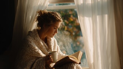 Cozy indoor reading session with a warm drink by the window during a sunny afternoon
