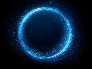 Digital blue energy circle glowing brightly with layered particle streaks and soft luminous dust. Frame isolated on black background. A cosmic element perfect for magical design. Magical circle portal