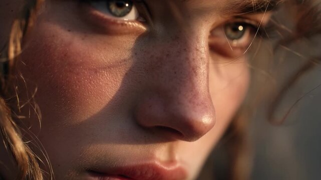 Intense Gaze Portrait: A striking close-up of a face, eyes locked onto the viewer with a piercing gaze, as light highlights facial features.