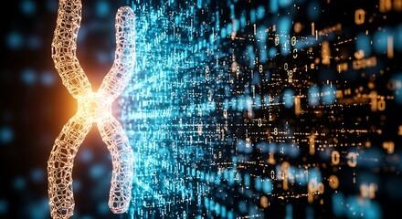 Intricate chromosome structure glowing amidst digital binary code for innovative science, genetic research, and cutting-edge technology concepts with elegant abstract glow