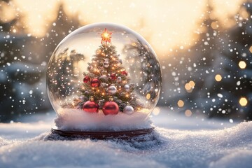 Illuminated miniature evergreen tree inside a glass sphere rests upon fresh snow during a flurry