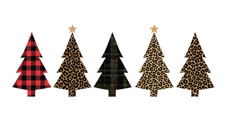 A festive collection of five patterned christmas trees with stars on top.