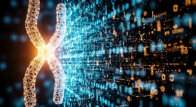 Intricate chromosome structure glowing amidst digital binary code for innovative science, genetic research, and cutting-edge technology concepts with elegant abstract glow