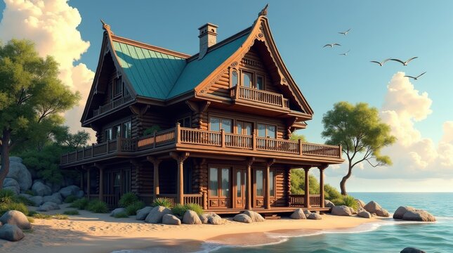 Charming wooden cabin nestled by the serene ocean shore