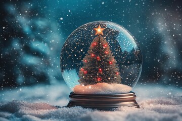 Illuminating miniature evergreen decoration rests within a glass sphere amidst falling snow