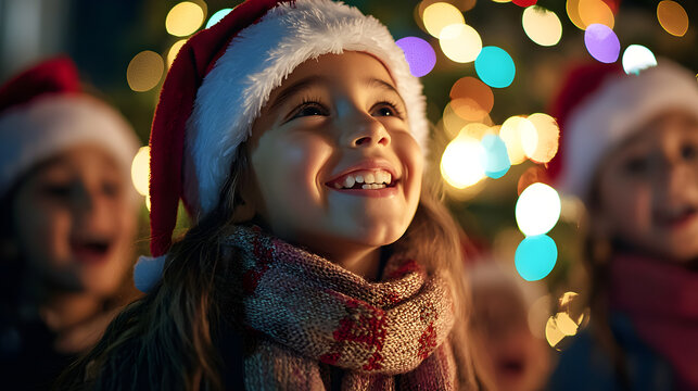 A happy little girl in a Santa hat sings in a Christmas choir with her friends against the backdrop of a decorated Christmas tree on Christmas Eve