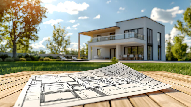 House plans lie on a table in the garden, against the backdrop of a newly built private home on a sunny day