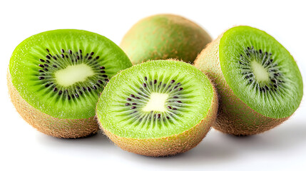 Fototapeta premium A Halved Kiwi With Fuzzy Peel And Green Center On White Background Fresh Tropical Fruit