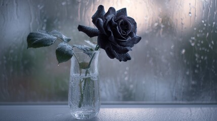 Dark black rose with water droplets in glass vase on windowsill with rain drops, moody atmospheric still life composition