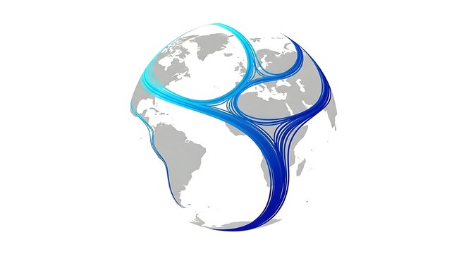 Global network connecting continents with flowing blue lines, symbolizing worldwide communication and international business reach for marketing or presentations