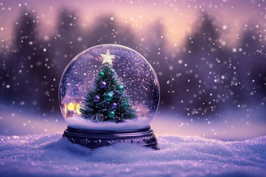 Miniature decorated evergreen rests inside a glass sphere amidst falling snow. - Powered by Adobe