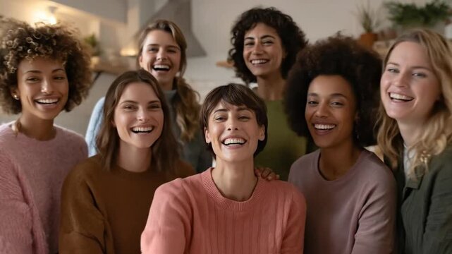 A joyful and diverse group of young adult women shares a moment of authentic laughter while gathered closely indoors. One woman holds a smartphone, capturing their cheerful expressions in what appears