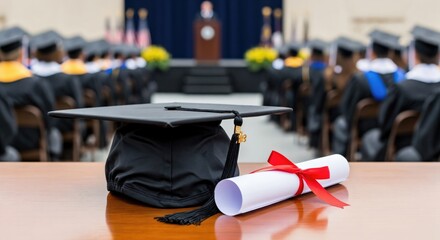 Graduation Ceremony with Mortarboard and Diploma on Table at Educational Institution