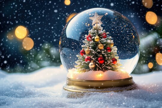 Decorated miniature evergreen tree rests inside a glass sphere filled with falling white flakes outdoors - Powered by Adobe