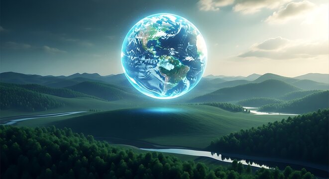 Stunning planet Earth floating above vibrant green landscape, representing environmental awareness and sustainable future, ideal for ecology projects and conservation campaigns
