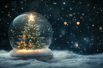 Illuminated miniature evergreen decoration rests within a glass sphere atop a snowy surface during a nighttime snowfall