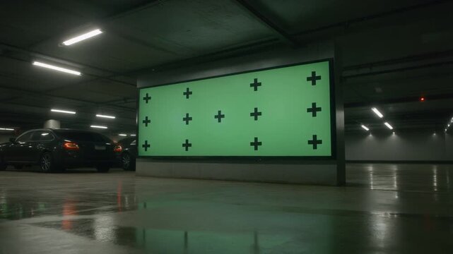 Cars enter the parking garage with a green screen billboard ready for your advertisement, creating a modern and dynamic urban scene