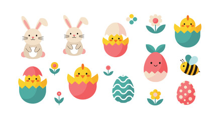 Cute collection of easter bunny chicks and decorated eggs with flowers and bee.