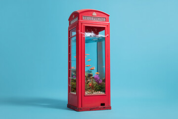 Fototapeta premium Surreal red British phone booth transforms into vibrant underwater aquarium teeming with colorful fish and coral, a whimsical artistic concept.