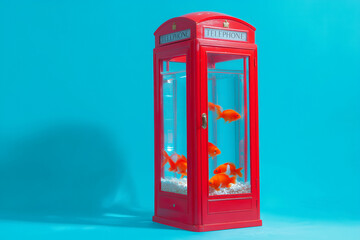 Obraz premium Vibrant goldfish swim serenely within a classic red telephone booth repurposed as an unexpected aquarium against a bold blue backdrop