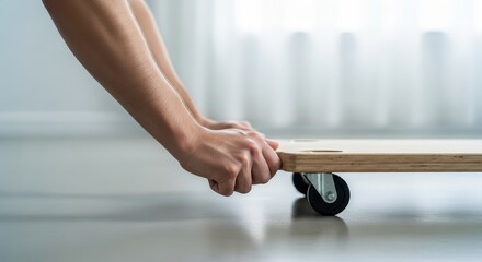 Hand pushing furniture dolly across smooth floor in indoor setting  