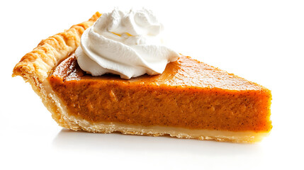 A Slice Of Pumpkin Pie With Whipped Topping On White Background Holiday Dessert