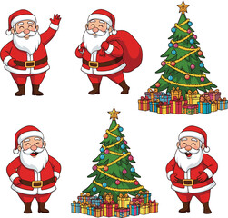 Isolated a kinds of deferent Cartoon vector illustration of Santa Claus and decorated Christmas tree with presents vector vector art with white background.