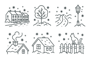 Winter scenes: cozy homes, snowy paths, trees, lamp, cat silhouettes