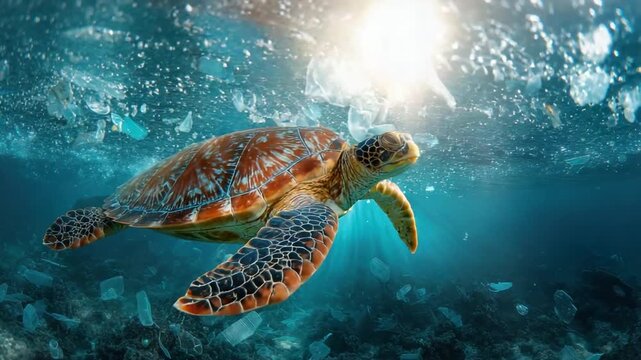 An underwater scene depicts a sea turtle swimming through plastic pollution, light rays beaming down
