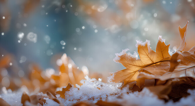 Autumn leaves with first snowflakes, natural winter background